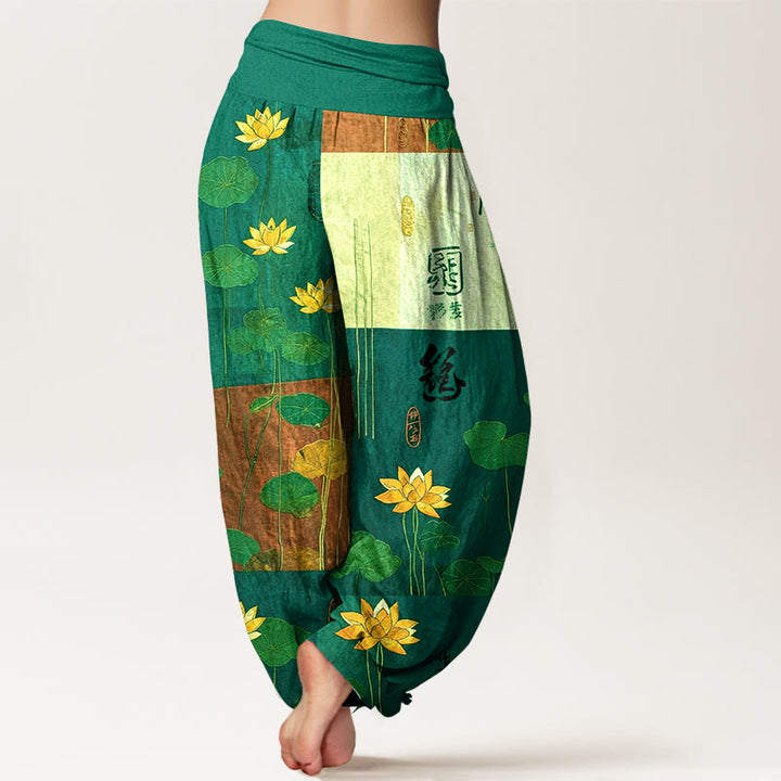 Pantalones harén de algodón puro con estampado de flores de loto y hojas de Buddha Stones para mujer, cintura elástica, gran impacto visual - image 6
