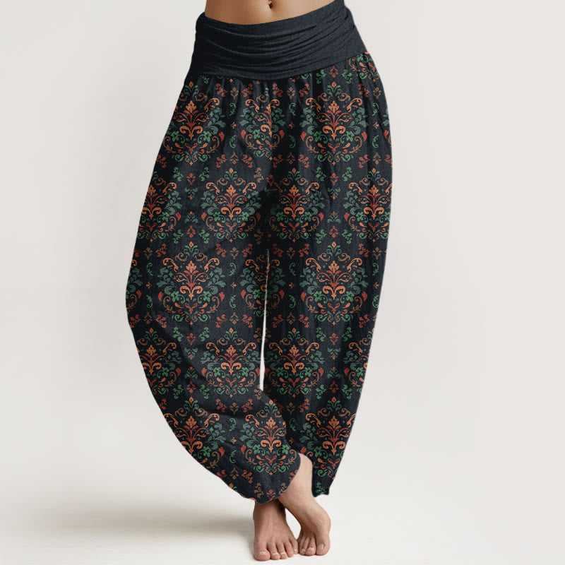 Pantalones Buddha Stones de algodón puro con estampado retro simétrico de flores y hojas para mujer, cintura elástica - Negro - US16，UK/AU20，EU48 (3XL) - image 0