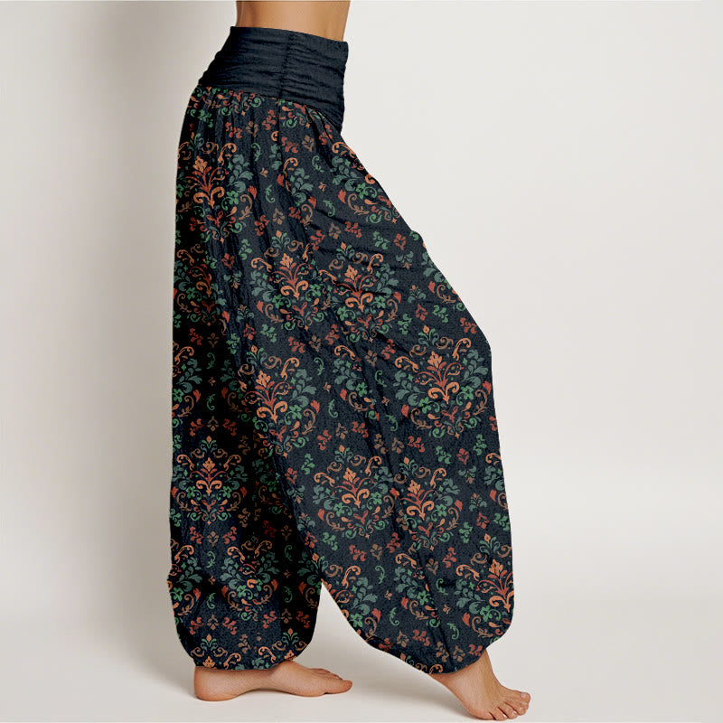 Pantalones Buddha Stones de algodón puro con estampado retro simétrico de flores y hojas para mujer, cintura elástica - image 2