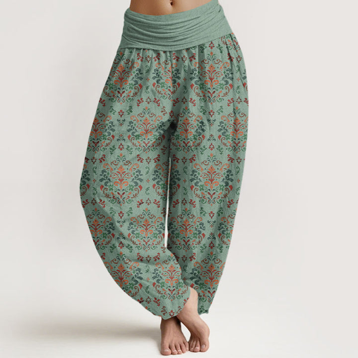 Pantalones Buddha Stones de algodón puro con estampado retro simétrico de flores y hojas para mujer, cintura elástica - Aguamarina medio - US16，UK/AU20，EU48 (3XL) - image 5