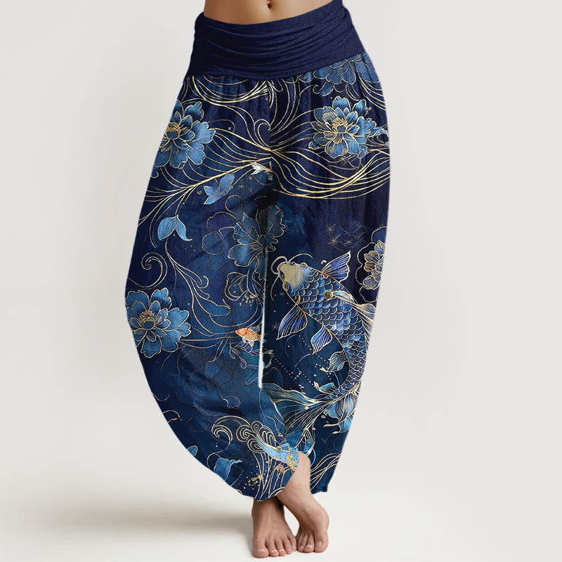 Pantalones Buddha Stones de algodón puro con diseño de peonías y peces koi de ensueño para mujer, con cintura elástica - Marina de guerra - US16，UK/AU20，EU48 (3XL) - image 0