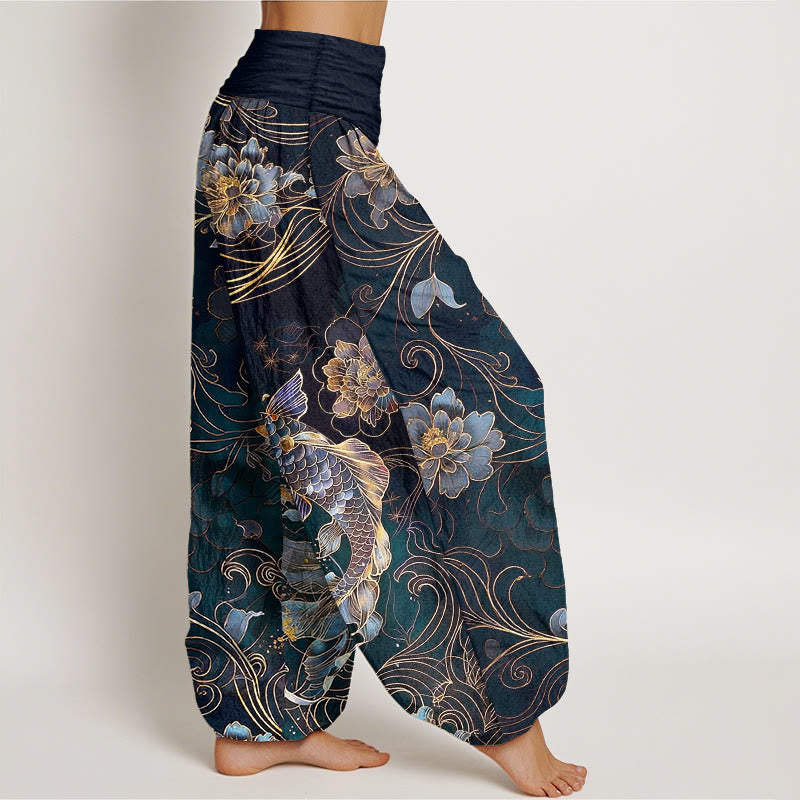 Pantalones Buddha Stones de algodón puro con diseño de peonías y peces koi de ensueño para mujer, con cintura elástica - image 7