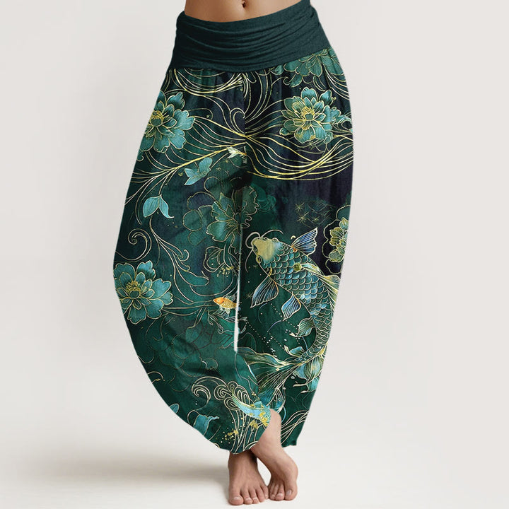 Pantalones Buddha Stones de algodón puro con diseño de peonías y peces koi de ensueño para mujer, con cintura elástica - Verde oscuro - US16，UK/AU20，EU48 (3XL) - image 8