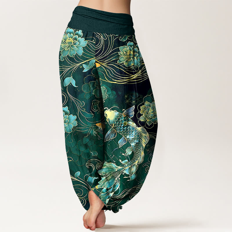 Pantalones Buddha Stones de algodón puro con diseño de peonías y peces koi de ensueño para mujer, con cintura elástica - image 9