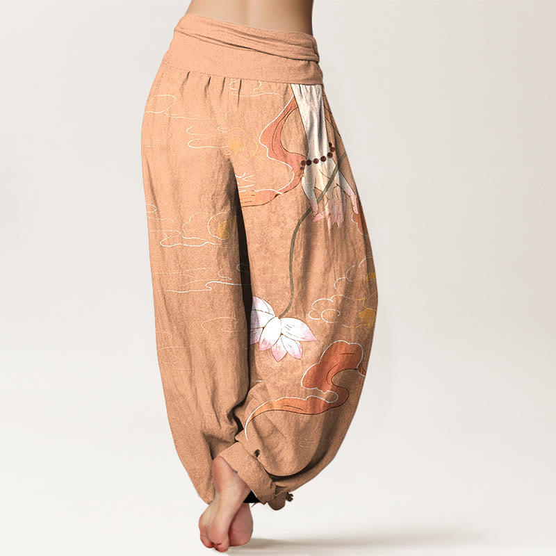 Pantalones harén de cintura elástica para mujer, con Buddha Stones, algodón puro, flor de loto, cintas ondulantes, cuentas de oración y patrón de nubes. - image 1