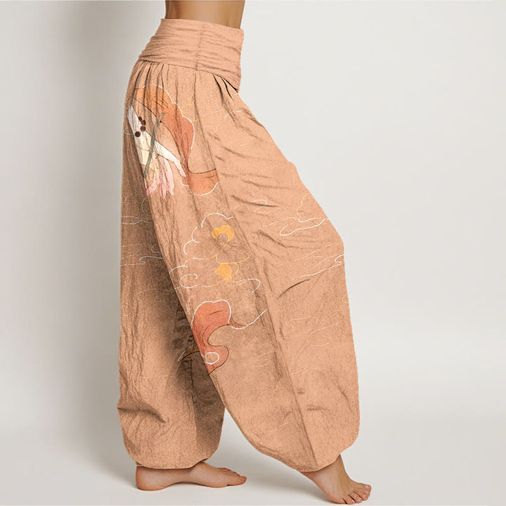 Pantalones harén de cintura elástica para mujer, con Buddha Stones, algodón puro, flor de loto, cintas ondulantes, cuentas de oración y patrón de nubes. - image 2