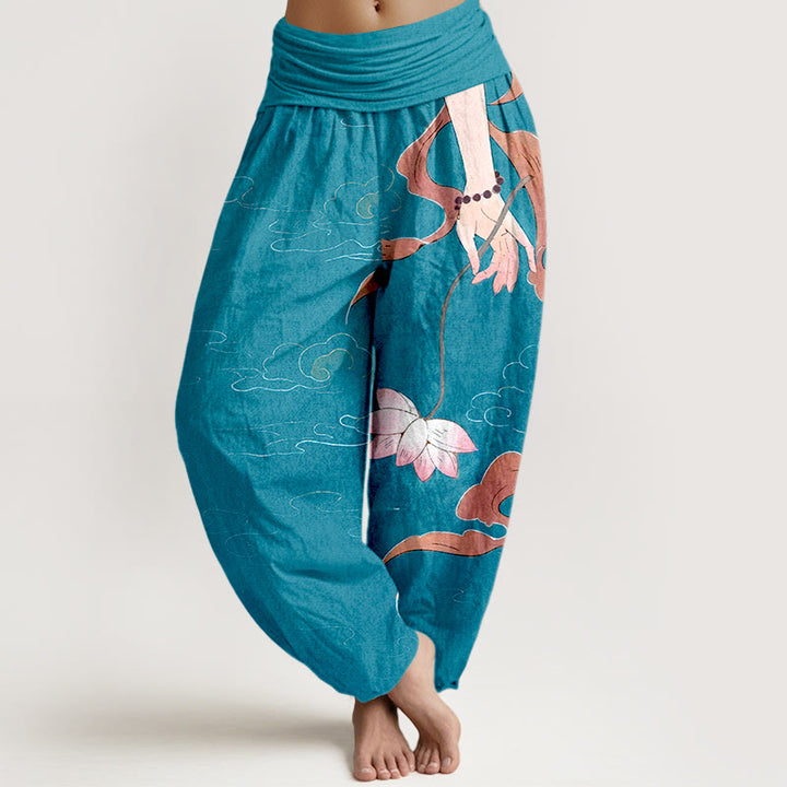 Pantalones harén de cintura elástica para mujer, con Buddha Stones, algodón puro, flor de loto, cintas ondulantes, cuentas de oración y patrón de nubes. - Azul cielo profundo - US16，UK/AU20，EU48 (3XL) - image 5