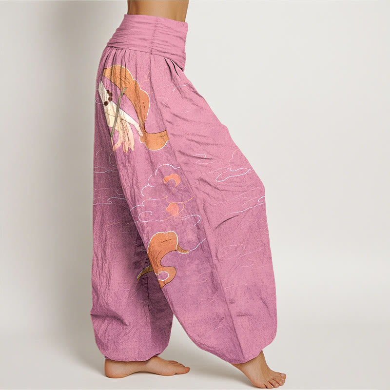 Pantalones harén de cintura elástica para mujer, con Buddha Stones, algodón puro, flor de loto, cintas ondulantes, cuentas de oración y patrón de nubes. - image 10