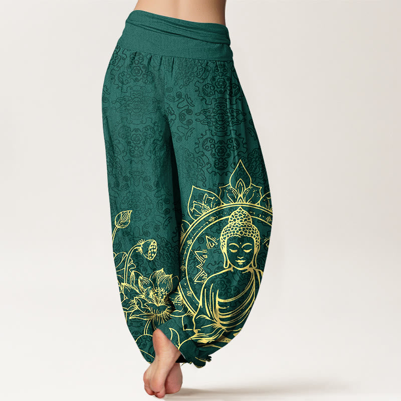 Pantalones Buddha Stones de algodón puro con diseño clásico de flor de loto y hojas de Buda para mujer, con cintura elástica - image 1