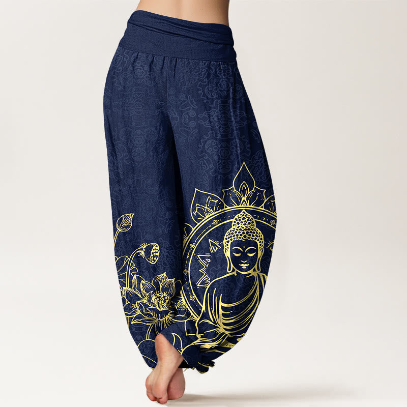 Pantalones Buddha Stones de algodón puro con diseño clásico de flor de loto y hojas de Buda para mujer, con cintura elástica - image 6