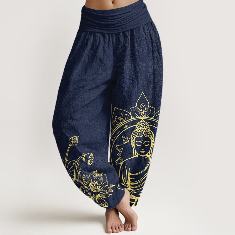 Pantalones Buddha Stones de algodón puro con diseño clásico de flor de loto y hojas de Buda para mujer, con cintura elástica - Azul oscuro - US16，UK/AU20，EU48 (3XL) - image 5