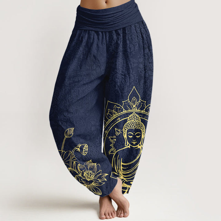 Pantalones Buddha Stones de algodón puro con diseño clásico de flor de loto y hojas de Buda para mujer, con cintura elástica - Azul oscuro - US16，UK/AU20，EU48 (3XL) - image 5
