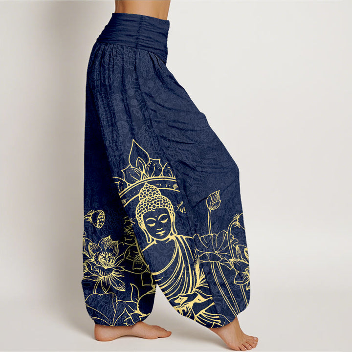 Pantalones Buddha Stones de algodón puro con diseño clásico de flor de loto y hojas de Buda para mujer, con cintura elástica - image 7