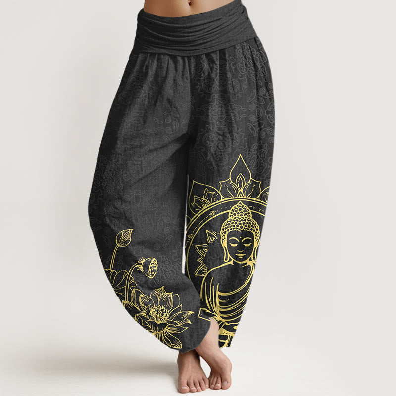 Pantalones Buddha Stones de algodón puro con diseño clásico de flor de loto y hojas de Buda para mujer, con cintura elástica - Negro - US16，UK/AU20，EU48 (3XL) - image 8