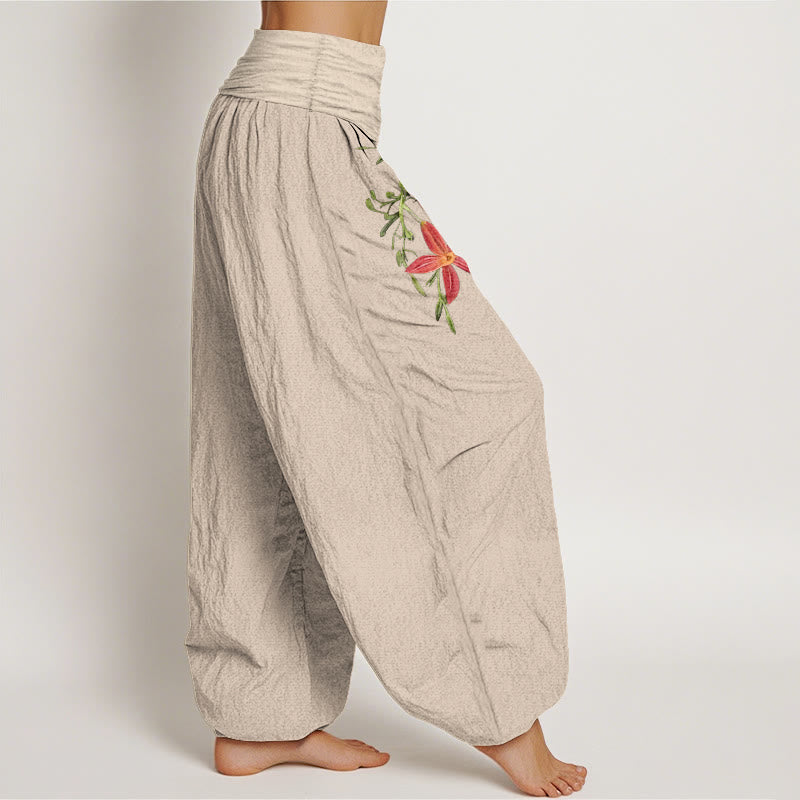 Pantalones harén de cintura elástica para mujer con estampado de lirios de cinco pétalos y Buddha Stones de algodón puro - image 2