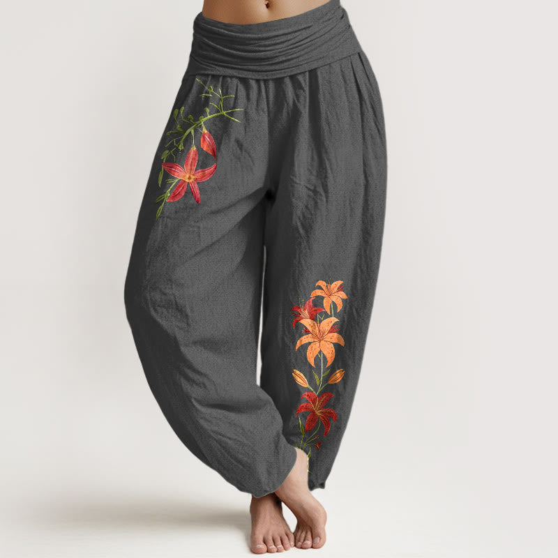 Pantalones harén de cintura elástica para mujer con estampado de lirios de cinco pétalos y Buddha Stones de algodón puro - Gris oscuro - US16，UK/AU20，EU48 (3XL) - image 11