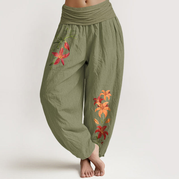 Pantalones harén de cintura elástica para mujer con estampado de lirios de cinco pétalos y Buddha Stones de algodón puro - Verde oliva - US16，UK/AU20，EU48 (3XL) - image 14