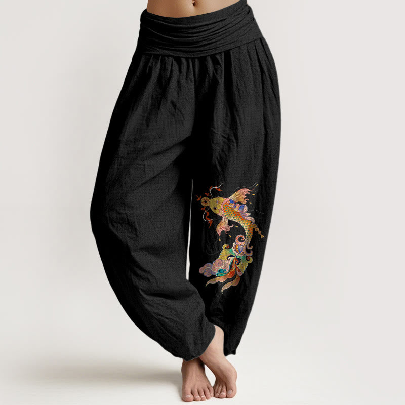 Pantalones Buddha Stones de algodón puro con diseño de peces koi de colores brillantes y monedas de cobre con caracteres chinos para mujer, cintura elástica - Negro - US16，UK/AU20，EU48 (3XL) - image 0