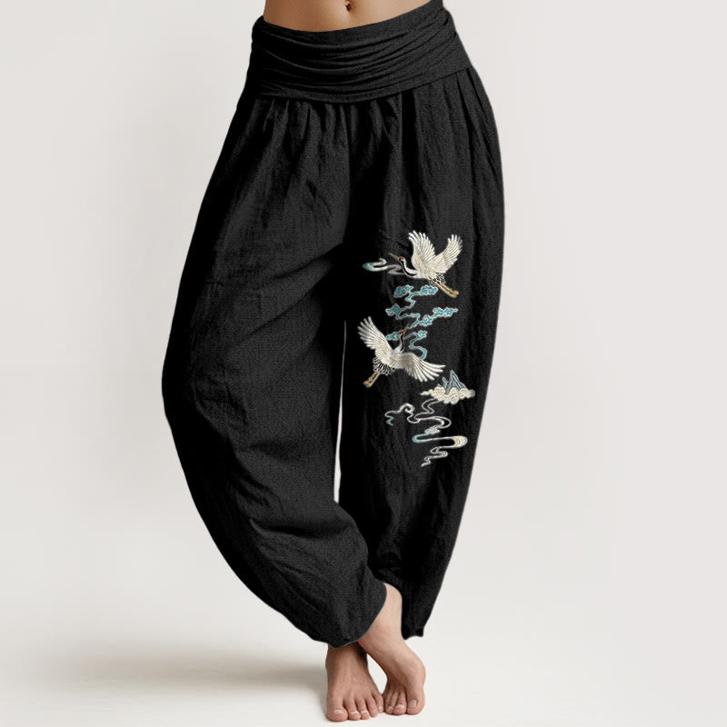 Pantalones Buddha Stones de algodón puro con estampado de grullas, nubes y montañas para mujer, cintura elástica - Negro - US16，UK/AU20，EU48 (3XL) - image 0