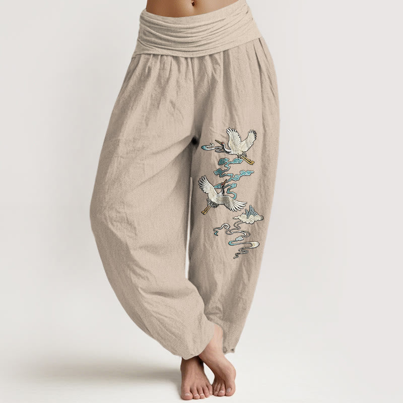 Pantalones Buddha Stones de algodón puro con estampado de grullas, nubes y montañas para mujer, cintura elástica - Broncearse - US16，UK/AU20，EU48 (3XL) - image 11