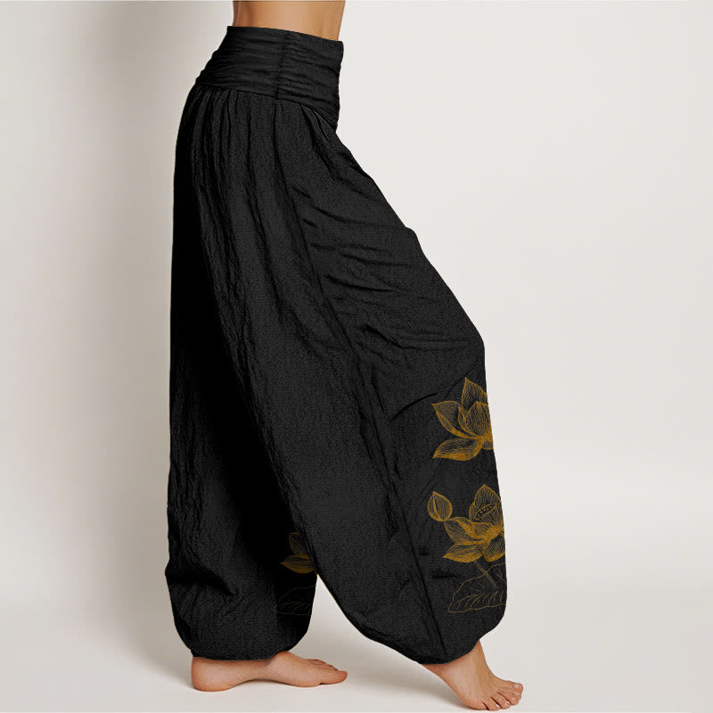 Pantalones harén de algodón puro con diseño de flor de loto y Buddha Stones para mujer, cintura elástica - image 2