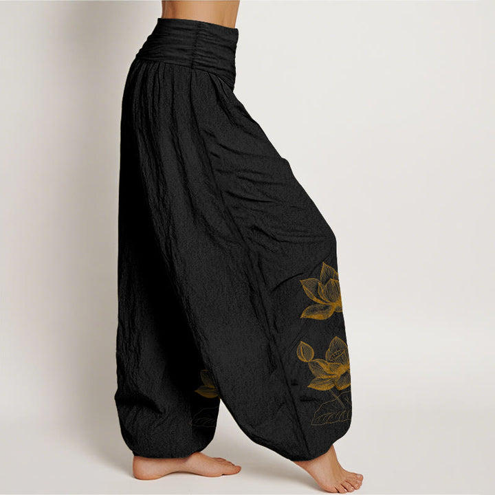 Pantalones harén de algodón puro con diseño de flor de loto y Buddha Stones para mujer, cintura elástica - image 2