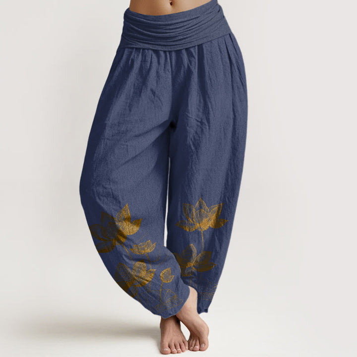 Pantalones harén de algodón puro con diseño de flor de loto y Buddha Stones para mujer, cintura elástica - Azul pizarra oscuro - US16，UK/AU20，EU48 (3XL) - image 5
