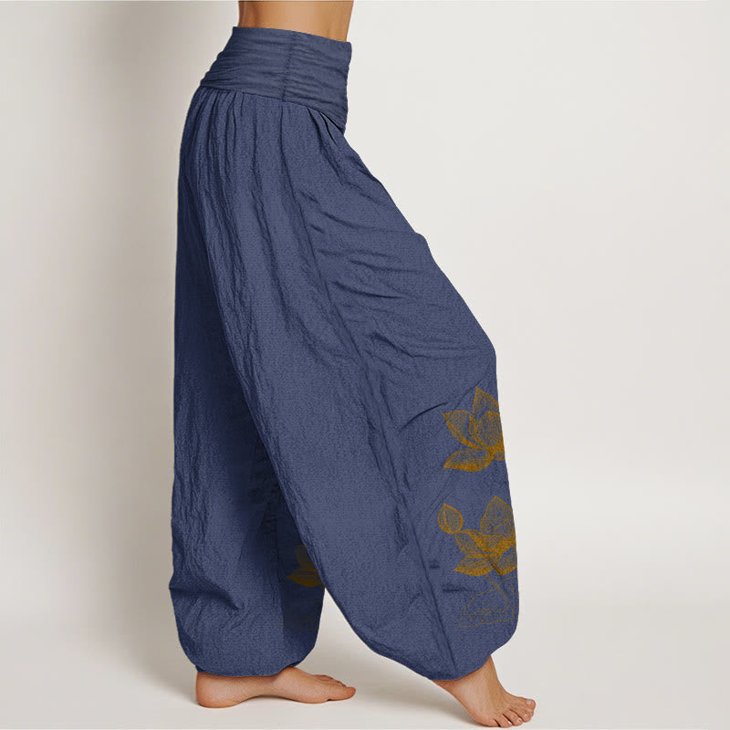 Pantalones harén de algodón puro con diseño de flor de loto y Buddha Stones para mujer, cintura elástica - image 7