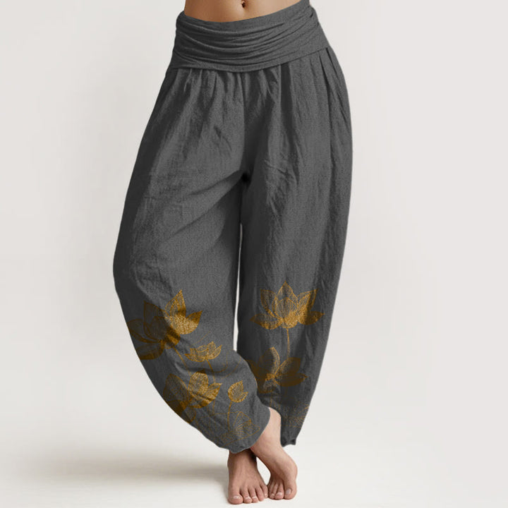 Pantalones harén de algodón puro con diseño de flor de loto y Buddha Stones para mujer, cintura elástica - Gris oscuro - US16，UK/AU20，EU48 (3XL) - image 8