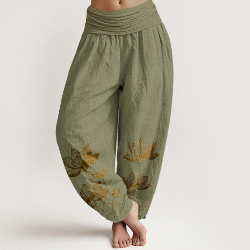 Pantalones harén de algodón puro con diseño de flor de loto y Buddha Stones para mujer, cintura elástica - Verde oliva - US16，UK/AU20，EU48 (3XL) - image 14