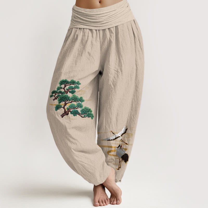 Pantalones Buddha Stones de algodón puro con estampado de grulla de pino y colores elegantes para mujer, con cintura elástica - Broncearse - US16，UK/AU20，EU48 (3XL) - image 0