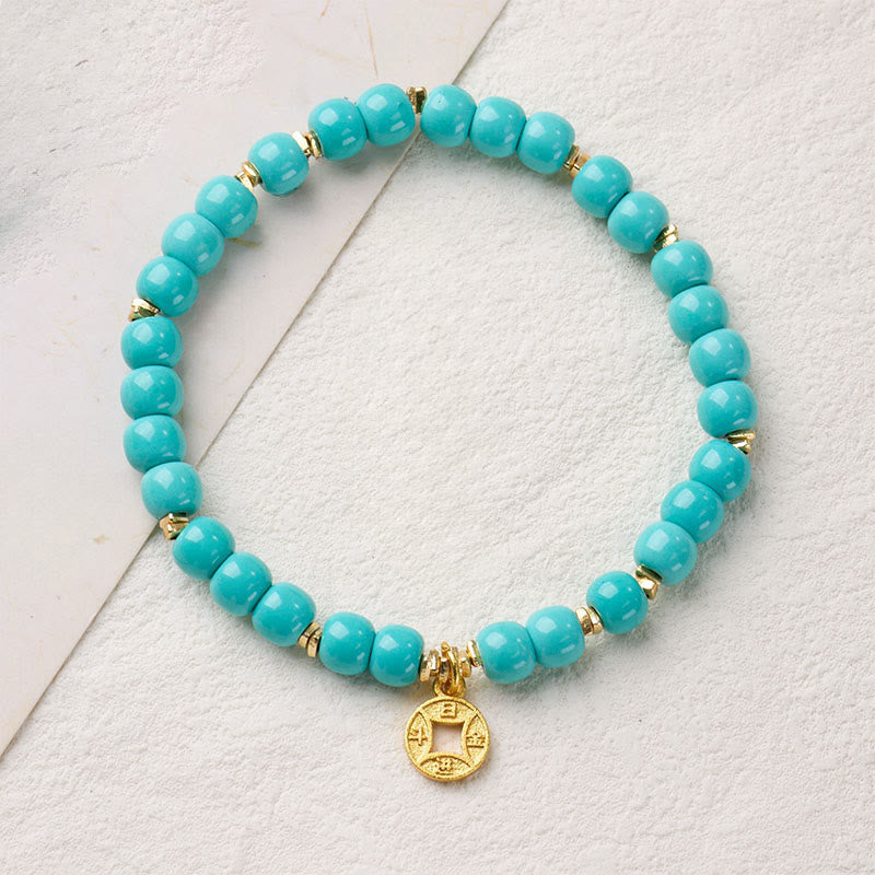 Pulsera de turquesa de imitación con dije de monedas de cobre y Buddha Stones - 5*6 mm - image 0