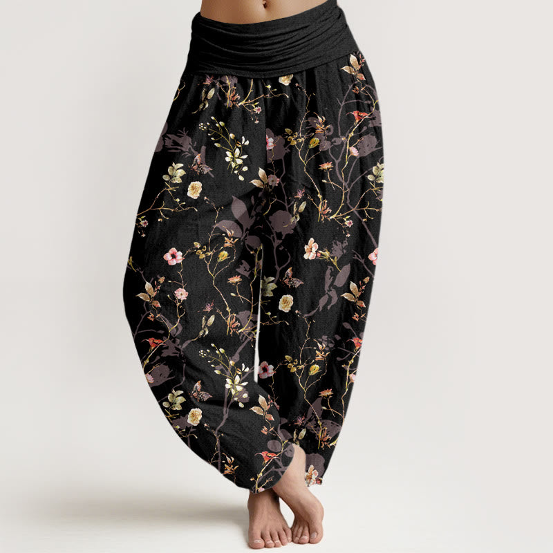 Pantalones Buddha Stones de algodón puro con estampado retro de flores, hojas y ramas para mujer, con cintura elástica - Negro - US16，UK/AU20，EU48 (3XL) - image 0