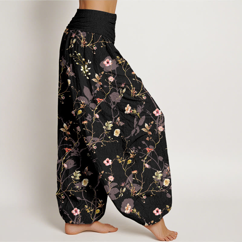 Pantalones Buddha Stones de algodón puro con estampado retro de flores, hojas y ramas para mujer, con cintura elástica - image 2