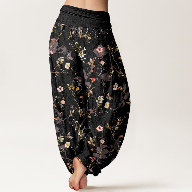 Pantalones Buddha Stones de algodón puro con estampado retro de flores, hojas y ramas para mujer, con cintura elástica - image 1