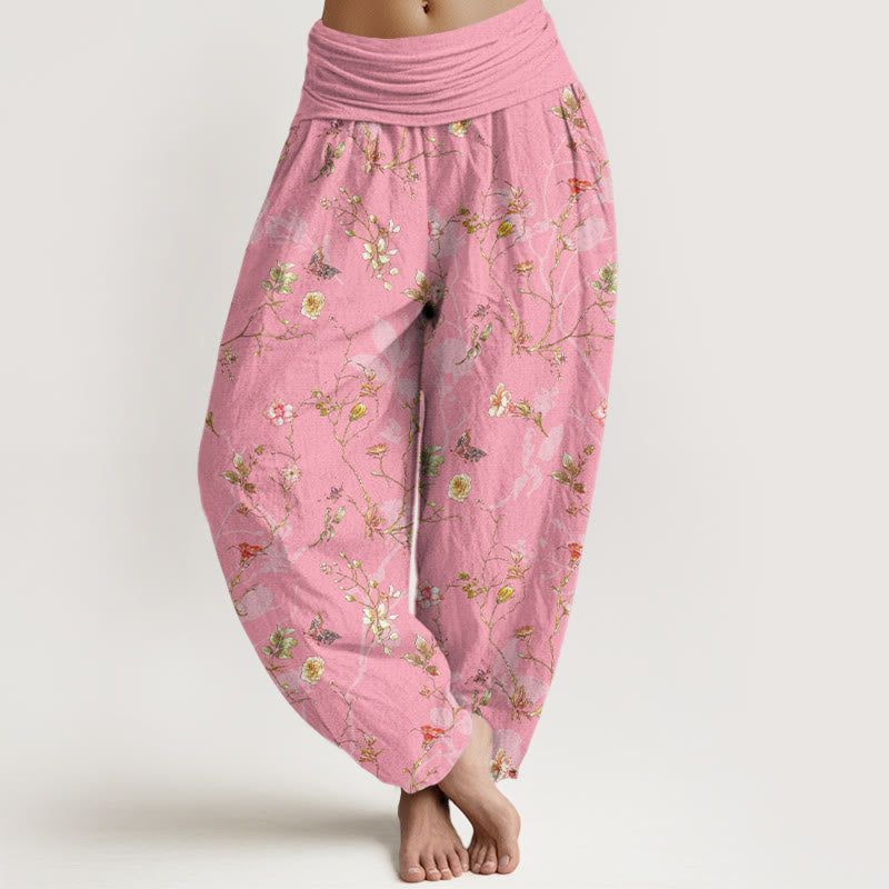 Pantalones Buddha Stones de algodón puro con estampado retro de flores, hojas y ramas para mujer, con cintura elástica - Rosa intenso - US16，UK/AU20，EU48 (3XL) - image 8