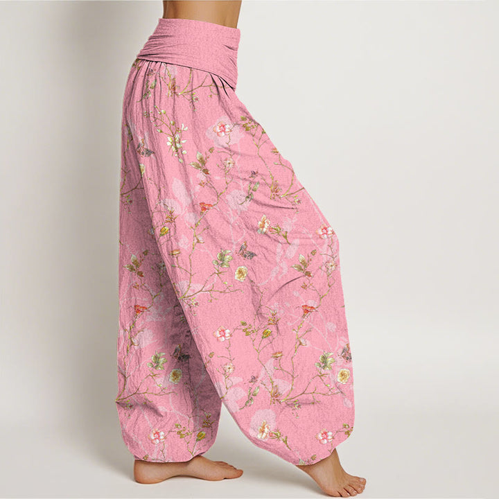 Pantalones Buddha Stones de algodón puro con estampado retro de flores, hojas y ramas para mujer, con cintura elástica - image 10