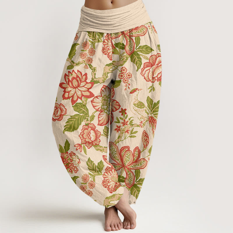 Pantalones Buddha Stones de algodón puro con estampado de flores, hojas, ramas y pájaros en colores llamativos para mujer, con cintura elástica - LimónChiffon - US16，UK/AU20，EU48 (3XL) - image 0