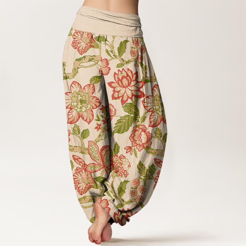 Pantalones Buddha Stones de algodón puro con estampado de flores, hojas, ramas y pájaros en colores llamativos para mujer, con cintura elástica - image 1