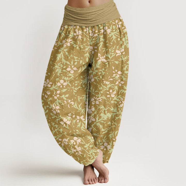 Pantalones Buddha Stones de algodón puro con estampado de flores abstractas y hojas para mujer, con cintura elástica - Vara de oro - US16，UK/AU20，EU48 (3XL) - image 0