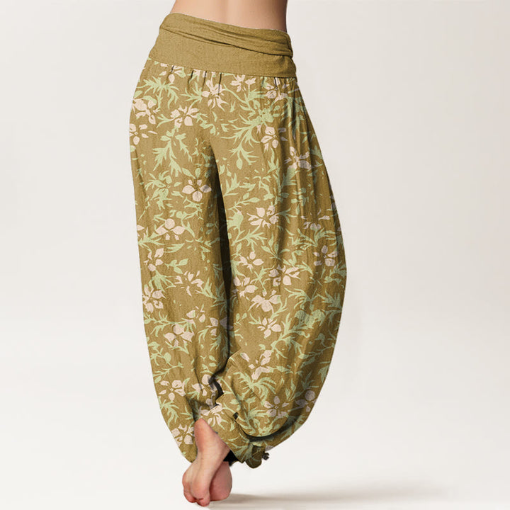 Pantalones Buddha Stones de algodón puro con estampado de flores abstractas y hojas para mujer, con cintura elástica - image 1