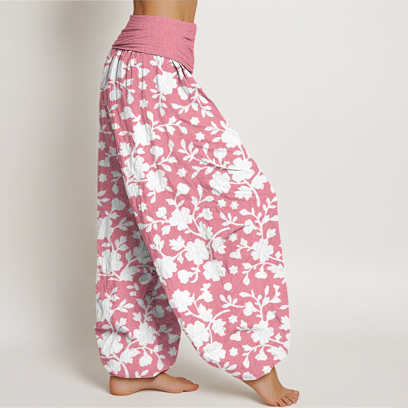 Pantalones Buddha Stones de algodón puro con estampado de flores blancas, hojas y estrellas para mujer, con cintura elástica - image 7