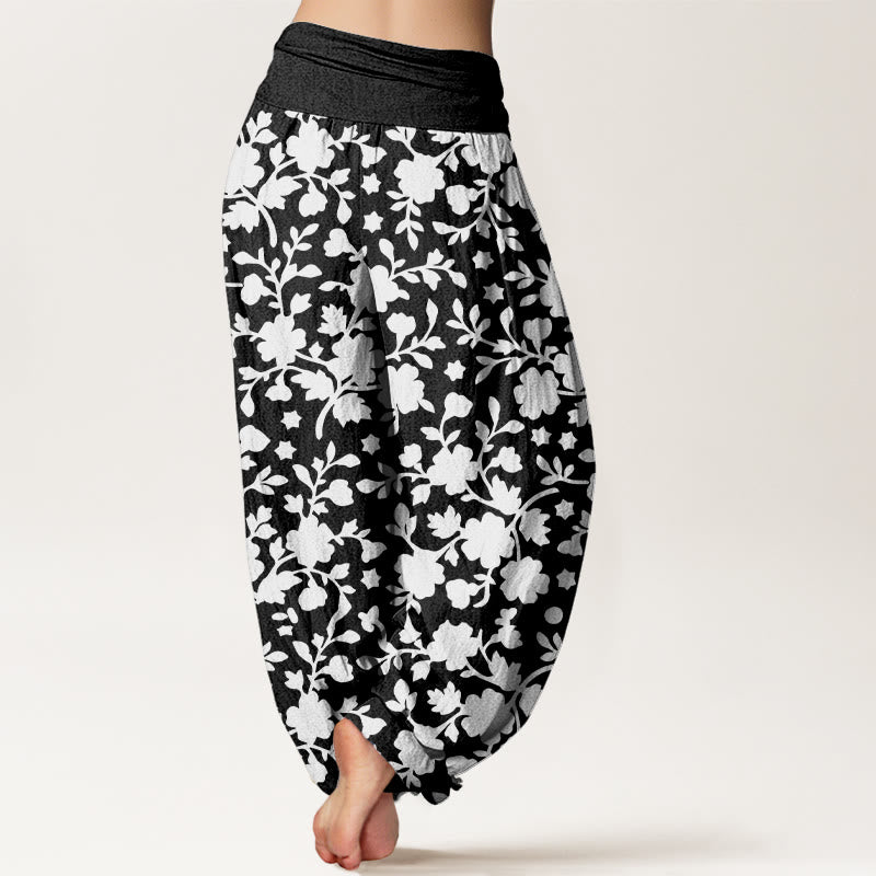 Pantalones Buddha Stones de algodón puro con estampado de flores blancas, hojas y estrellas para mujer, con cintura elástica - image 9
