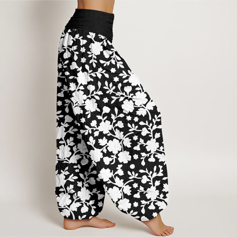 Pantalones Buddha Stones de algodón puro con estampado de flores blancas, hojas y estrellas para mujer, con cintura elástica - image 10