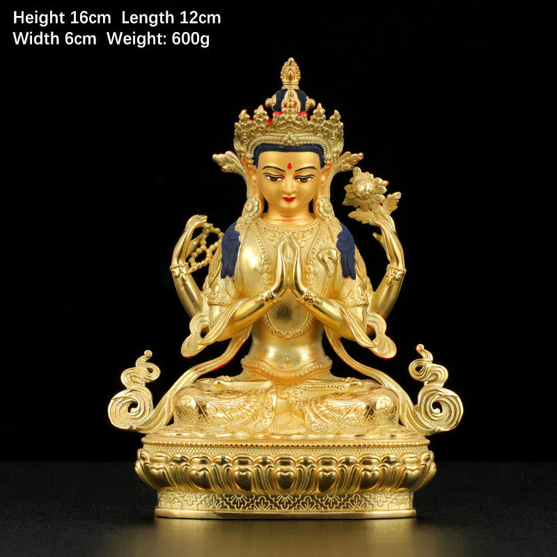 Chenrezig-Estatua chapada en oro y cobre con protección Avalokitesvara de cuatro brazos, decoración - 5 pulgadas - image 1