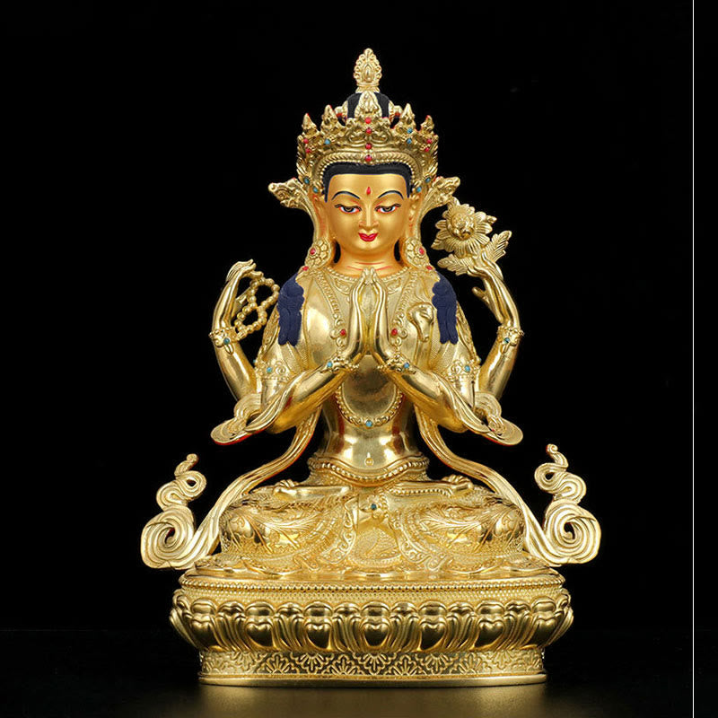 Chenrezig-Estatua chapada en oro y cobre con protección Avalokitesvara de cuatro brazos, decoración - image 4