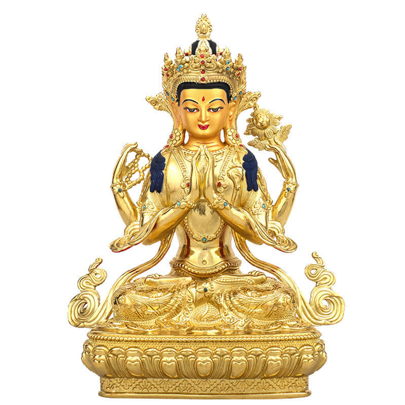 Chenrezig-Estatua chapada en oro y cobre con protección Avalokitesvara de cuatro brazos, decoración - image 0