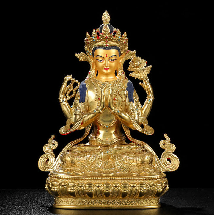Chenrezig-Estatua chapada en oro y cobre con protección Avalokitesvara de cuatro brazos, decoración - image 8