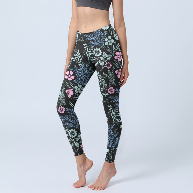 Leggings de yoga para mujer con estampado de hojas y flores en contraste de colores llamativos y Buddha Stones - Negro - US18，UK/AU22，EU50 (4XL) - image 0