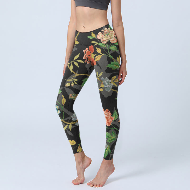 Leggings de yoga para mujer con estampado clásico de flores, hojas, mariposas y pájaros de Buddha Stones - Negro - US18，UK/AU22，EU50 (4XL) - image 0